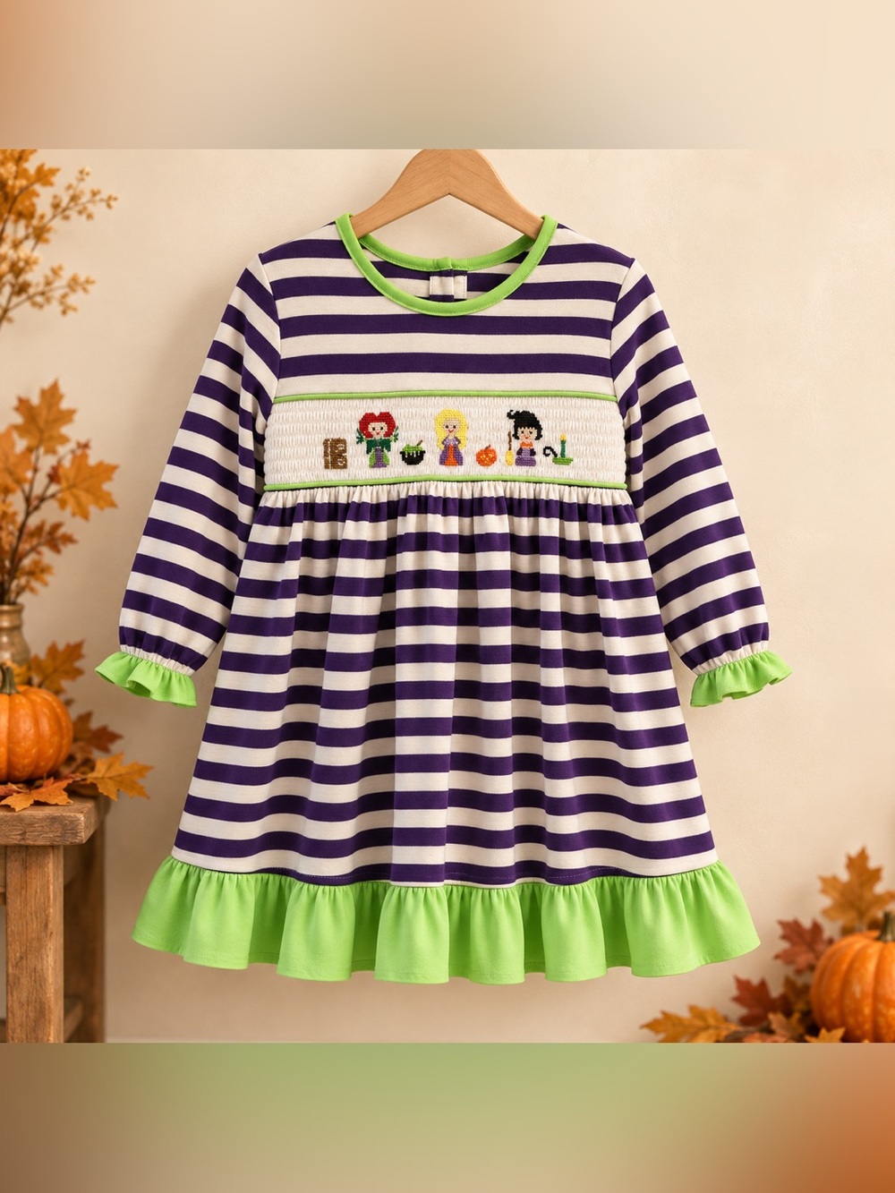 AWE Smocks Girls Size 10 Halloween Smocked Dress Purple Stripe Witches Pumpkin